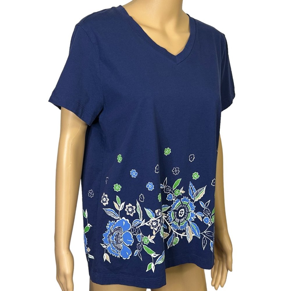 White Stag Womens L (12-14)‎ Blue Floral Short Sleeve V-Neck Blouse Shirt - Picture 4 of 10